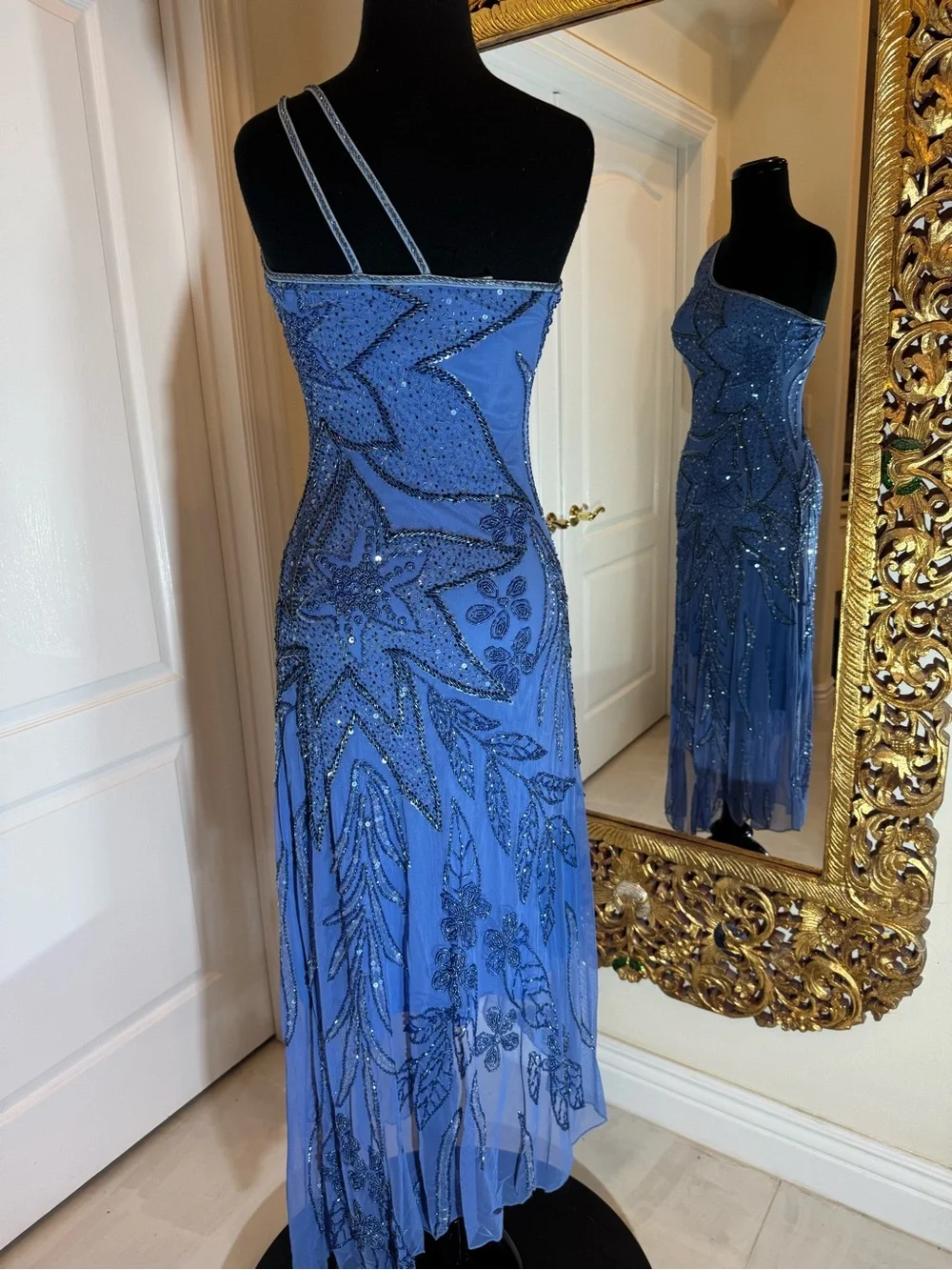 One-Shoulder‎ hand Beaded Dress in periwinkle Blue high low hem stretch fabric